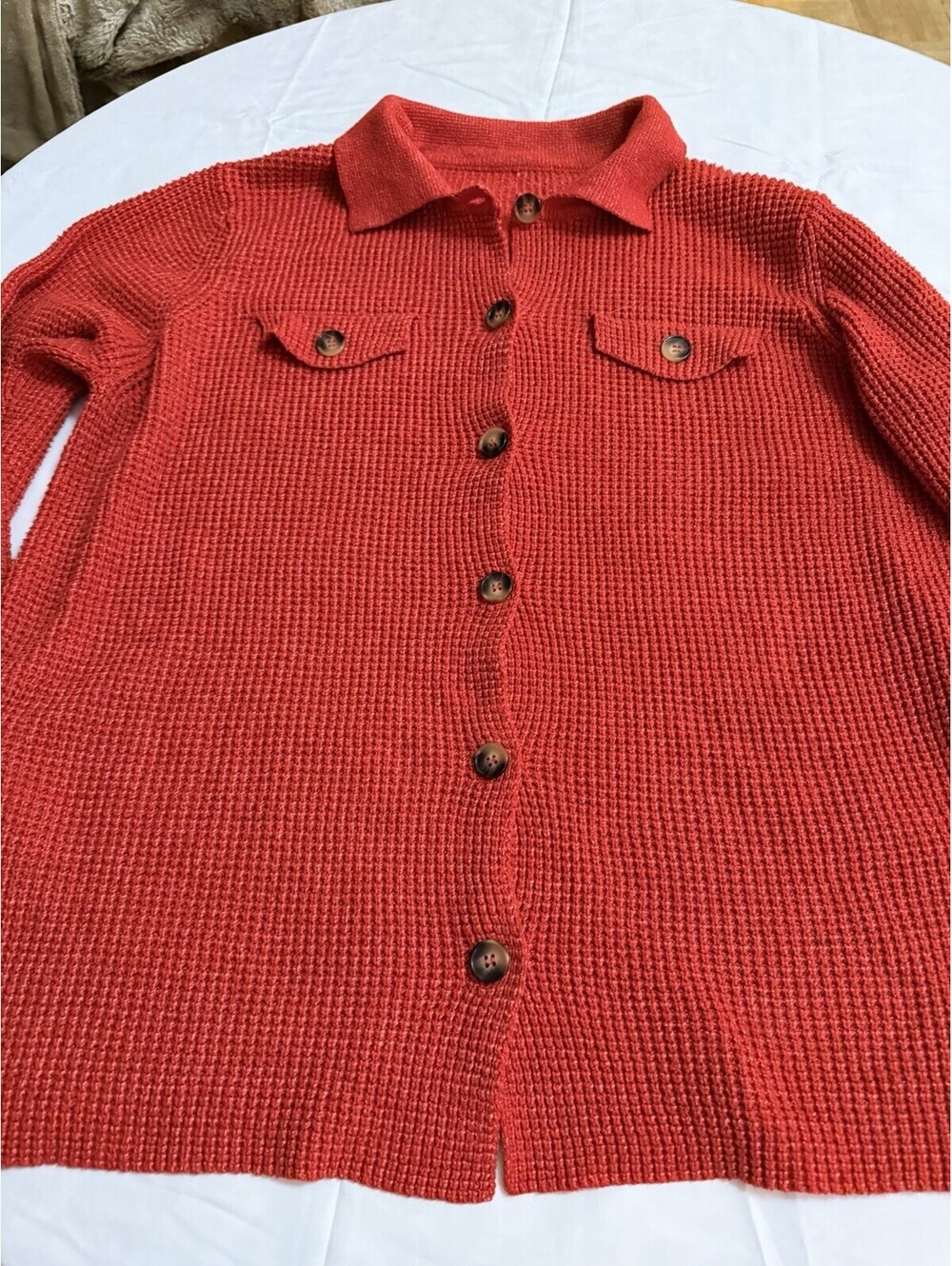 Woman's Red Thick Long Sleeve Button Down Shirt XL Faux Pockets